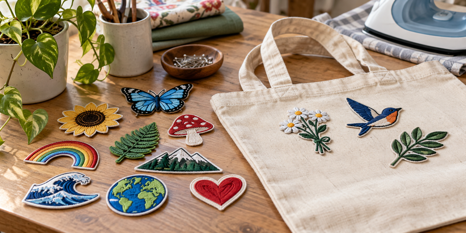 A collection of iron-on patches ready to be applied to a cotton tote bag